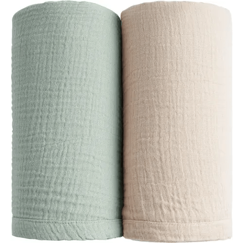 Konssy 2 Pack Muslin Swaddle Blankets (Green, Cream)