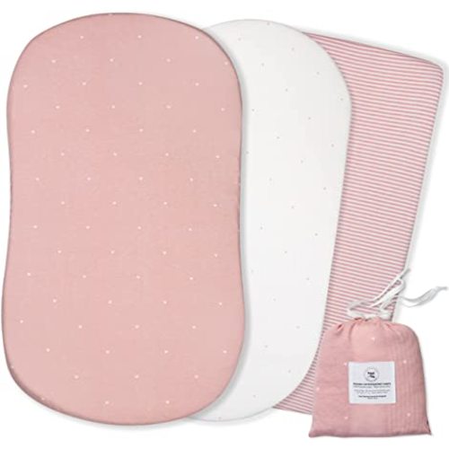POPPI & MAX 100% Organic Cotton Bassinet Sheet-3 Set | Bassinet Sheets for Baby Girl | Ultra Soft Jersey Knit, Fitted Baby Sheets for Universal Shaped Standard Bassinets | Pink Rose Heart Dot Stripe