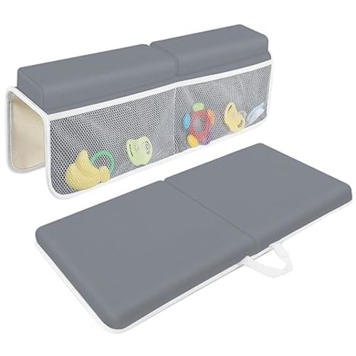 JJGoo Bath Kneeler with Elbow Rest Pad Set, 1.5 inch Kneeling Pad Mat for Bathtub Baby Bathing Parents, Painless Foam Mat with Toy Organizer Pockets, Non-Slip for Baby and Toddler Bathing，Dark Grey