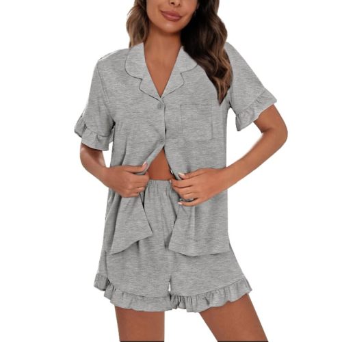 SWOMOG Woman Pajama Set Short Sleeve Pjs Set 2Pcs Short Pajamas Button Down Ruffle Hem Sleepwear Soft Modal Loungewear
