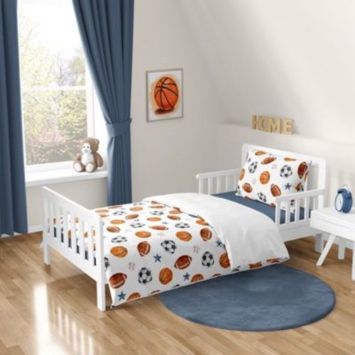 Sweet Jojo Designs Boy Toddler Bedding Set Watercolor Sports Theme Blue Brown And Orange 5pc
