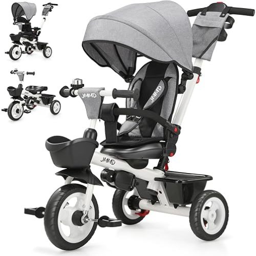 JMMD 7 in 1 Tricycle Stroller with Push Handle, Baby Trike with 360° Swivel Seat, Reclining Backrest, All-Terrain Wheels, Dual Brakes, Canopy & Storage, Gift for Kids 18 Months to 5 Years, Gray
