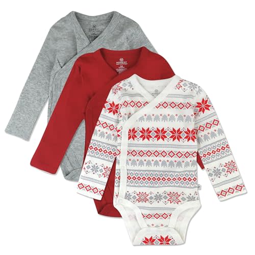 HonestBaby 3-Pack Organic Cotton Long Sleeve Kimono Bodysuits, Jumbo Fair Isle, 0-3 Months