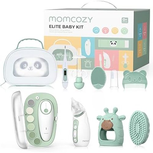 Momcozy Elite Baby Kit, Superior Gift Set for Grooming & Health & Cleansing, Include Electric Nail File&Nasal Aspirator, Heated Tummy Wrap,Thermometer,Bath Brush,Teether,Medicine Pacifier,Storage Case