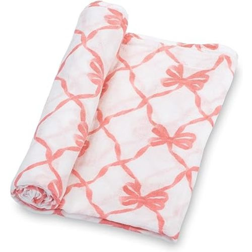 LollyBanks Baby Blankets, 100% Muslin Cotton Swaddle Blanket for Girls, Soft and Large 47 x 47 Inches Newborn Swaddle, Breathable Baby Receiving Blankets, Registry (Pink Bow Print)