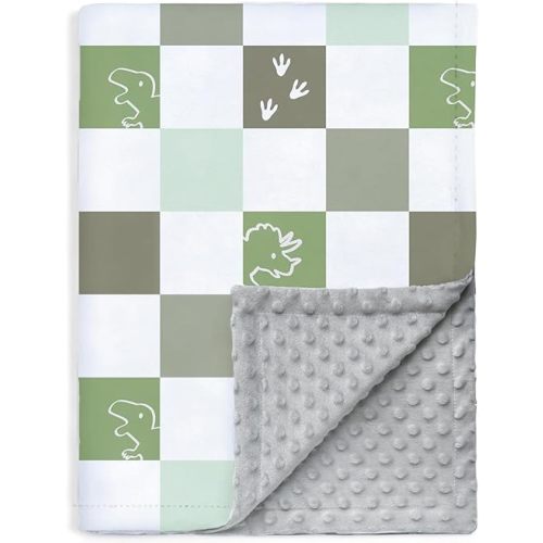 BEILUMU Checkered Baby Blankets for Unisex Sage Green Warm Cozy Minky Blankets with Dotted Fleece Backing, Toddler Bed Blanket with Dinosaurs Multicolor Printed 30 x 40 Inch