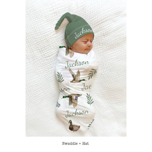 Mallard Baby Blanket Hat - Personalized Baby Shower Gift Hospital Custom Name Announcement Duck Hunting Coming Home Outfit Baby Boy Blanket