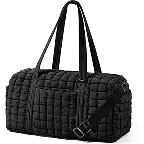 Quilted Travel Duffle Bag for Women Weekender Bag Large Puffer Overnight Bags Soft Puffy Duffel Bag Carry on Gym Bag Lightweight Personal Item Travel Bag for Trips Business Sport Airplane (Black)