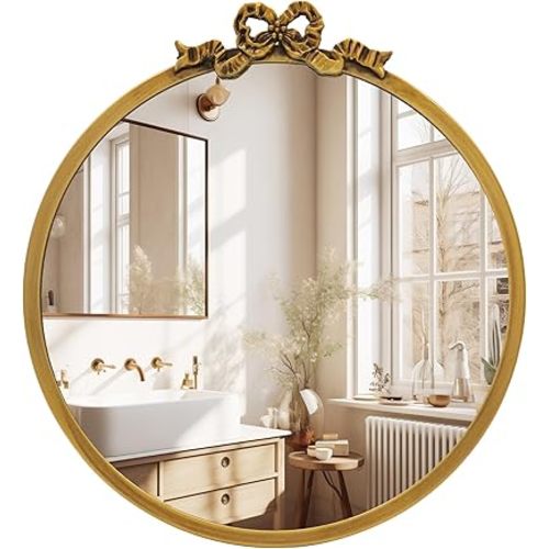 Vintage Round Mirror Antique Gold Vanity Mirrors 12inch Metal Ornate Circle Wall Mirror, Baroque Home Decor for Dressing Table, Bedroom