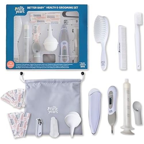 The First Years Better Baby Healthcare and Grooming Kit - Baby Care Products Including Baby Nail Clippers, Baby Brush, Infant Thermometer and More with Travel Tote - Diaper Bag Essentials - 18 Pieces