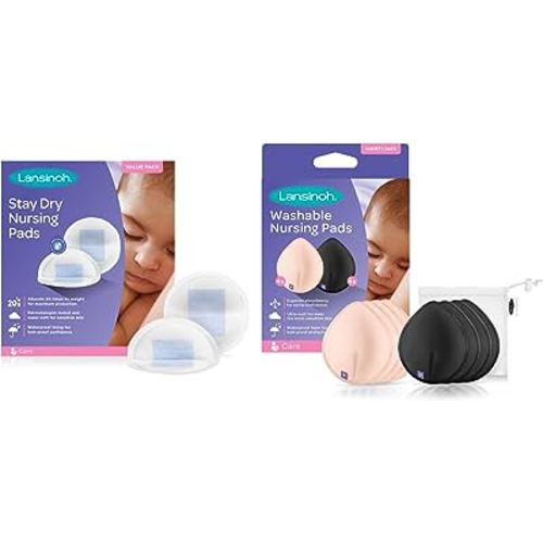 Lansinoh Stay Dry Disposable Nursing Pads, 200 Count, and Reusable Nursing Pads, 8 Washable Pads, Pink and Black, for Breastfeeding Mothers