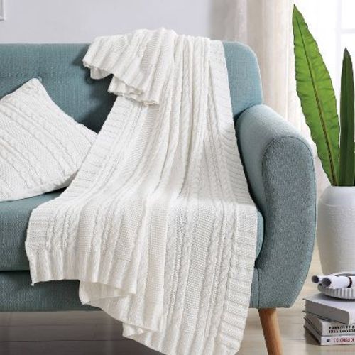50"x60" Dublin Cable Knit Throw Blanket White - VCNY: Soft Cotton, Machine Washable, Cozy & Warm