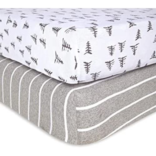Burts Bees Baby Fitted Crib Sheet Organic Cotton BEESNUG - Pine Forest and Stripe Prints, Fits Unisex Standard Bed and Toddler Mattress, Infant Essentials, 28 x 52 x 5.5 Inch 2-Packs