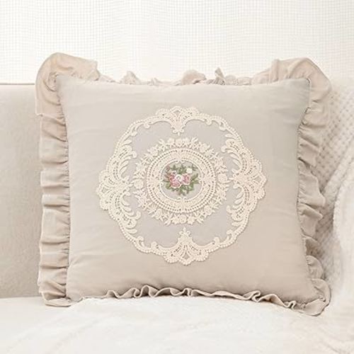 Cotton Lace Embroidery Throw Pillow Covers Boho Neutral Cushion Case Soft Accent Pillowcase for Spring Sofa Couch Bed Living Room Home Decor (Khaki,18"x18")