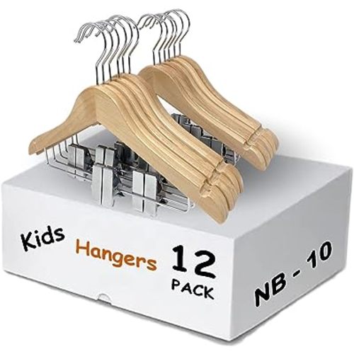 Kids Hangers with Metal Clips Pant Bar 4T-10 (Natural Wood)