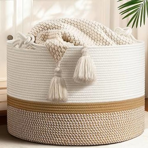 CherryNow 22"x22"x14" Large Blanket Basket, Home Décor for Living Room Bedroom, Cotton Rope Laundry Basket for Clothes Pillows, Baby Fall Decorations for Home Toy Storage, White & Camel