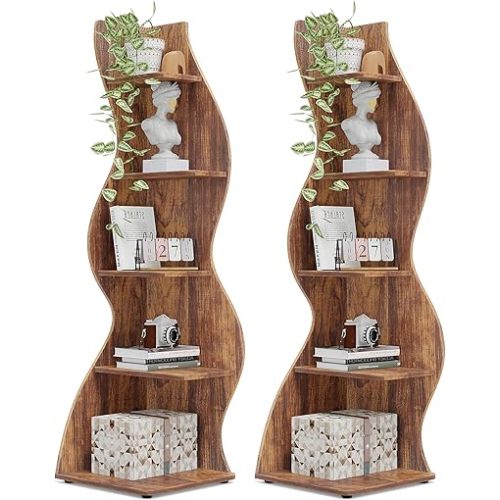 Tribesigns Corner Shelf, Rustic 5-Tier Wall Corner Bookshelf, Stylish Corner Small Bookcase Storage Rack Plant Stand with Unique Shape for Living Room, Home Office (2PCS, Brown)
