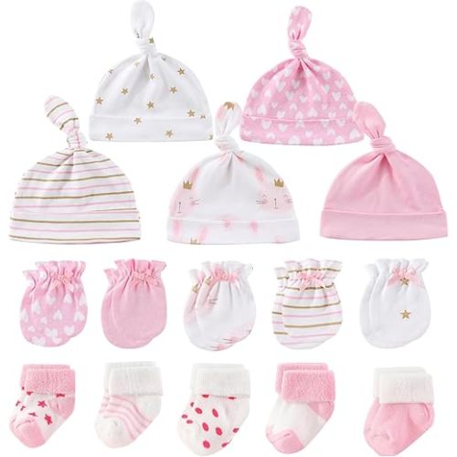 Newborn Baby Boy Girl Caps Mittens Socks Set Cotton Baby Essentials Accessories (Hats+Gloves+Socks)