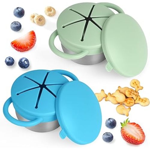 Daximo 2 Pack Snack Cups for Toddlers Spill Proof - Detachable Stainless Steel Toddler Snack Cups with Silicone Lids & Handles - Dishwasher Safe Snack Container (Niagara Blue and Sage Green)