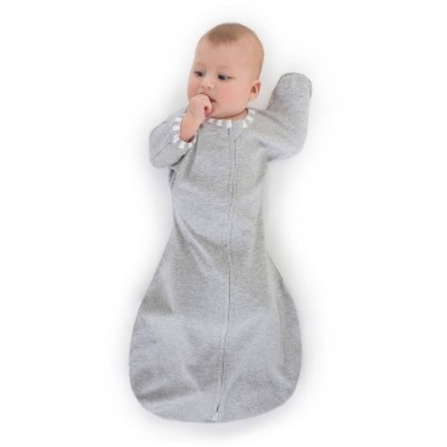 Transitional Swaddle Sack with Arms Up Half-Length Sleeves and Mitten Cuffs Wearable Blanket - Heathered Gray with Stripe Trim 3-6 Months