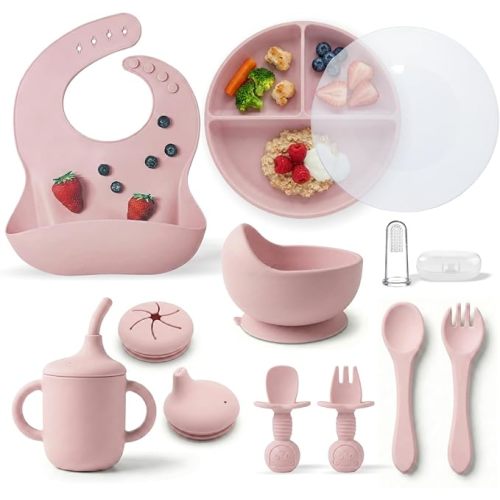 Remonda 15-Piece BPA-Free Baby Silicone Feeding Set | Extra Large Suction Plates, Toddler Bowls, Self Feeding Spoons, and More | Dishwasher Safe| Infant Led Weaning Supplies (Pink)