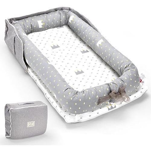 Huggynest Infant Lounger, Baby Nest for Newborns, Portable Breathable Baby Lounger Adjustable U-Shaped Safety Bumper for Cozy Comfort - Crown Ash