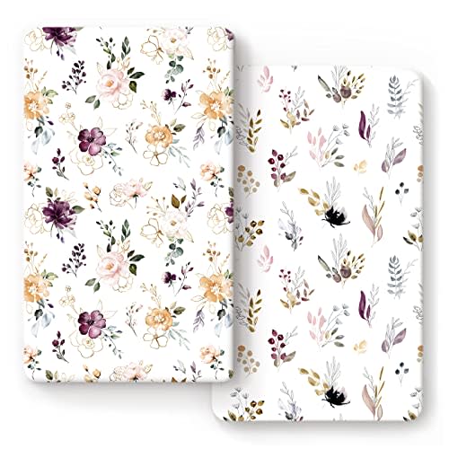GRSSDER Stretchy Ultra Soft Jersey Knit Fitted Crib Sheets Set 2 Pack,Fits All Standard Crib Mattress Pads Safe and Snug, Pretty Purple Flora Botanical for Baby Girls