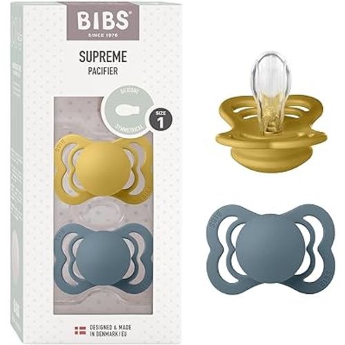 BIBS Supreme Baby Pacifier 2-Pack | Made in Denmark | BPA Free Dummy Soother, Symmetrical Nipple. Silicone, Size 1 (0-6 Months), Mustard / Petrol