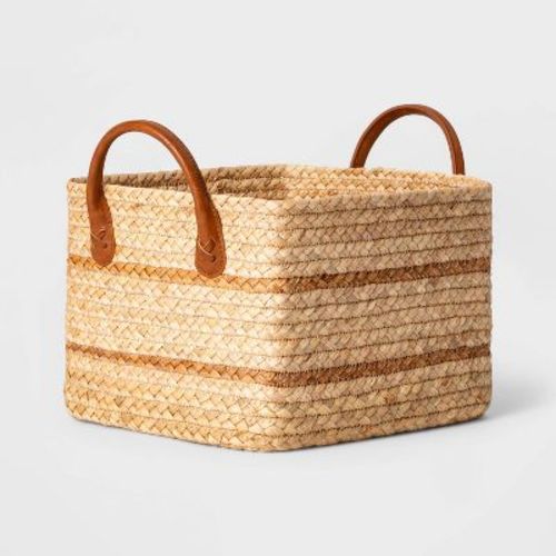 Small Braided Water Hyacinth Basket With Faux Leather Handles - Threshold™: Multicolored Storage & Organization, 11"x10"x8"