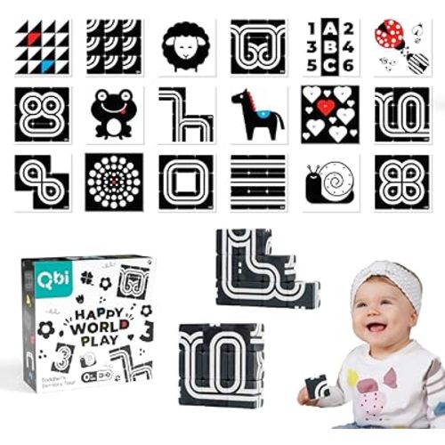 QBI Magnetic Baby Toys 0-6-12 Months | Black and White High Contrast Newborn Toys with Flashcards and Magnetic Cubes | Visual Stimulation Montessori | Baby Essentials (9 Pieces)