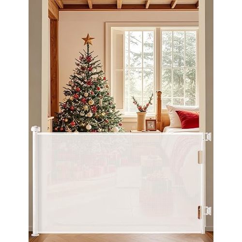 Cumbor Baby Gate Retractable Gates for Stairs, Mesh Dog Gate for The House, Wide Pet Gate 33" Tall, Extends to 55" Wide, Long Child Safety Gates for Doorways, Hallways, Cat Gate Indoor/Outdoor(White)