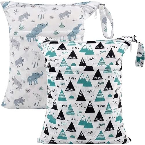 ALVABABY 2pcs Cloth Diaper Wet Dry Bags Waterproof Reusable with Two Zippered Pockets Travel Beach Pool Daycare Soiled Baby Items Yoga Gym Bag for Swimsuits or Wet Clothes LZD2526A