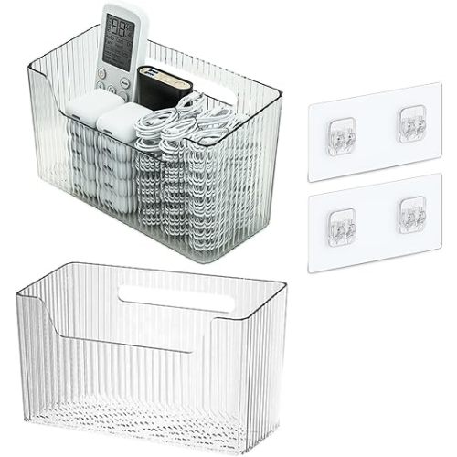 Set Of 2 Storage Organizer Bins Wall Mounted Shower Basket, Shower Caddy Stackable Clear Plastic Makeup Organizer Adhesive Hanging Bin for Bathroom, Kitchen, Cabinet, Pantry, BPA Free, Large, Clear