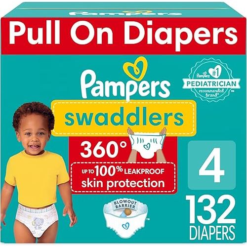 Pampers Swaddlers 360 Pull-On Diapers, Size 4, 132 Count, One Month Supply, for up to 100% Leakproof Skin Protection and Easy Changes