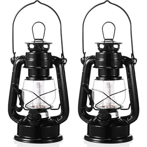 Hortsun 2 Pcs 8 Inch Vintage LED Hurricane Lantern Metal Black Outdoor Battery Operated Hanging Lantern with Warm LEDs and Dimmer Switch for Indoor Rustic Farmhouse Country Camping Decor