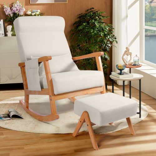 NOBLEMOOD Midcentury Burlywood Frame Linen Rocking Chair
