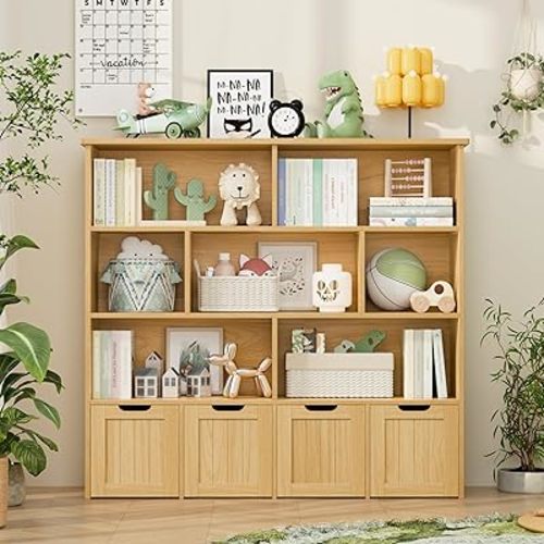 FINETONES Toy Organizer with 4 Movable Drawers and 7 Storage Cubbies, Kids Bookshelf and Toy Chest with Hidden Wheels, Natural