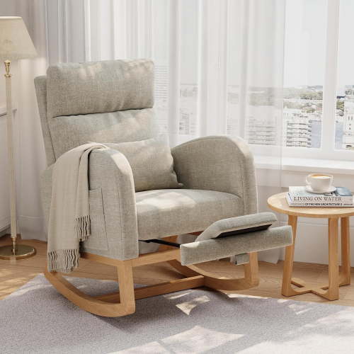 Rocking Chair with Extendable Footrest Nursery Glider with Side Pockets and Pillow Ergonomic High Back Grey