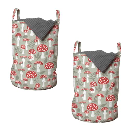 Ambesonne Cartoon Laundry Bag Pack of 2, Poisonous Amanita Mushroom Pattern with Foliage and Berry Silhouettes, Hamper Basket with Handles Drawstring Closure, 13" x 19", Pale Sage Green White