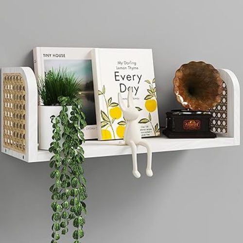 White Rattan Wall Shelf, Wooden Hanging Bookshelf Storage, Cute Nursery Shelves Wall Mounted, Boho Decorative Floating Shelves for Kids Room, Living Room, Play Room, Bedroom