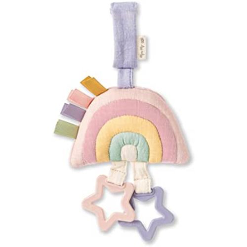 Itzy Ritzy Bitzy Bespoke Jingle Travel Toy for Stroller, Car Seat or Activity Gym; Features Jingle Sound, Hexagon Rings and Adjustable Attachment Loop, Pastel Rainbow (JIN3003)