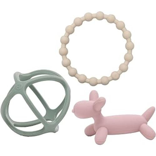 WeeSprout Handheld Teether Set (Matte Green, Pink & Off White)