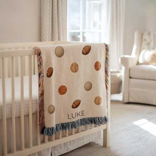 Personalized Sports Baby Blanket, Custom Name Baseball Basketball Football Golf Throw, Sports Lover Nursery Decor, Baby Shower Gift