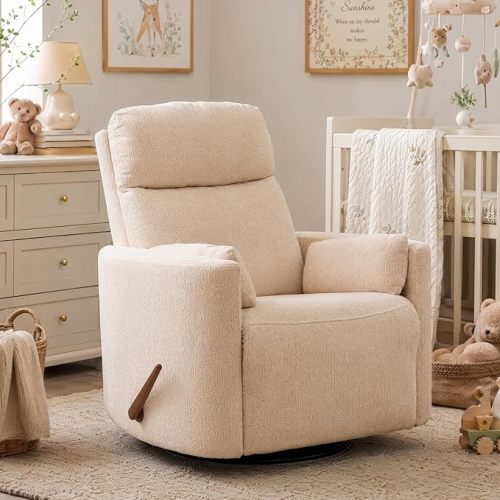 Oversized Swivel Rocker Recliner Chair with Heat and Massage, Rocking Chair Nursery with Adjustable Headrest, Manual Rocker Recliner Chair, Glider Recliner Nursery Chair with 2 Pillows, Chenille Beige