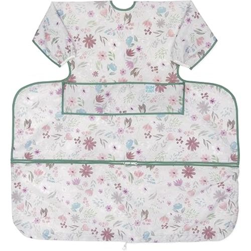 Bumkins Baby Bib and High Chair Cover Combination, for 6-24 Mos, Girl or Boy Toddler, Long Sleeved for Babies, Baby Led Weaning Essentuals for Eating, Feeding Babies, Mess Saving, Floral Gray