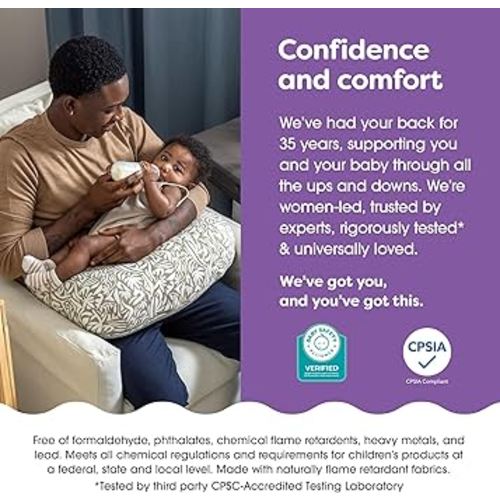 Boppy Nursing Pillow - Ergonomic Bottle & Breastfeeding Pillow, Higher, Firmer & Larger, Water-Repellent with Washable Organic Cotton Cover, Baby Safety Alliance Verified - Green Cut Out Leaves