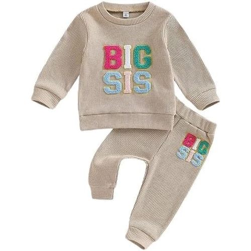 VISGOGO Baby Girl Clothes Lil Sis Big Sis Matching Outfit Long Sleeve Sweatshirt Top 2Pcs Fall Winter Pant Sets
