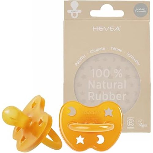 HEVEA Natural Rubber Pacifier Round Newborn 0+ Months – Hygienic One Piece Design for Newborns to Toddlers, BPA-Free, Soft & Durable – 2-Pack (Natural)