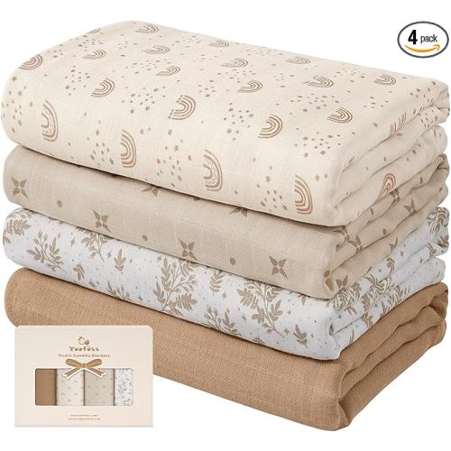 Yoofoss Couvertures à emmailloter en mousseline, lot de 4 couvertures de réception pour garçons et filles, 119,4 x 119,4 cm, couvertures pour bébé en mousseline douces et respirantes - Marron