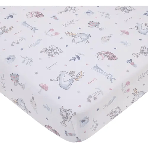 Disney Alice in Wonderland Light Blue, Pink, and White, Rabbit, and Cheshire Cat Super Soft Nursery Fitted Crib Sheet